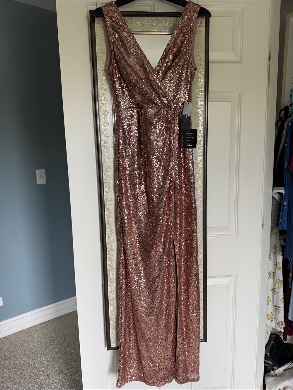 Lulu's Rose Gold Sequin V-Neck Prom Dress